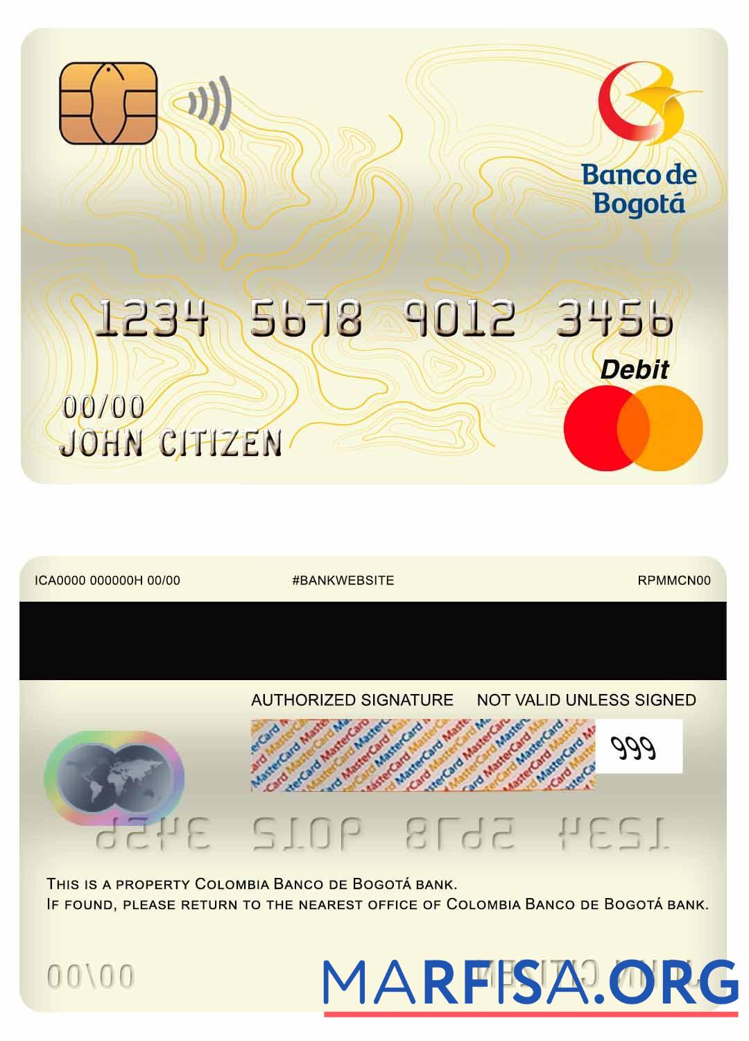 Realistic Colombia Banco de bogotá bank master debit card template